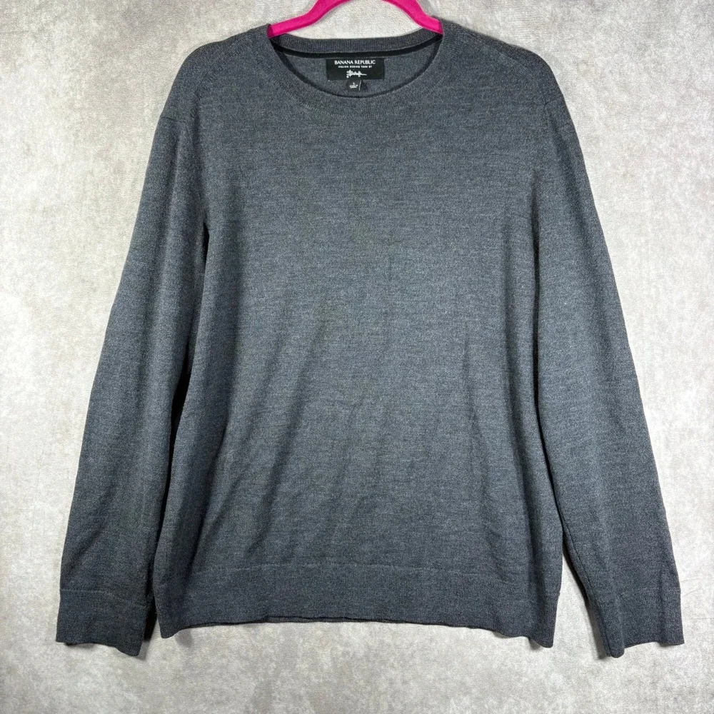 Banana Republic Sweater Mens Large Gray Italian Merino Wool Crewneck Pullover